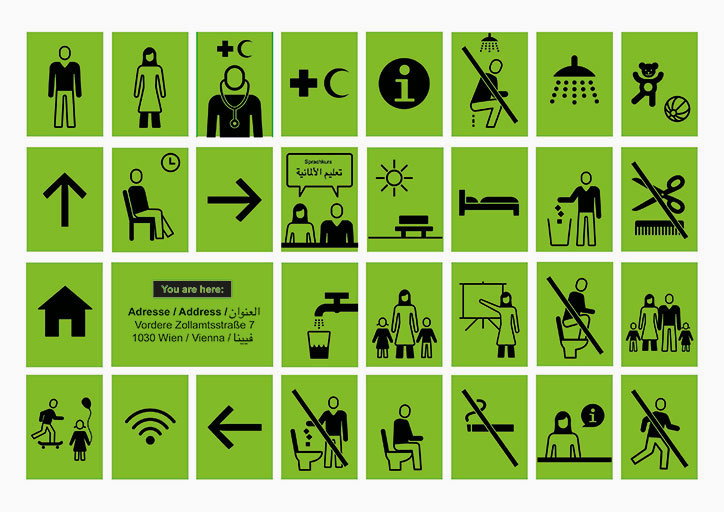 A grid of 28 green rectangular signs featuring black pictograms and text. The icons represent various facilities and rules, including medical services, directions, and “no smoking” symbols. One sign contains a map location with the text “You are here:” and an address in Vienna.