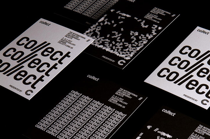 A collection of black and white promotional cards for an art fair. The bold typography reads “collect” and “The International Art Fair for Contemporary Objects”, listing the Saatchi Gallery as the venue.