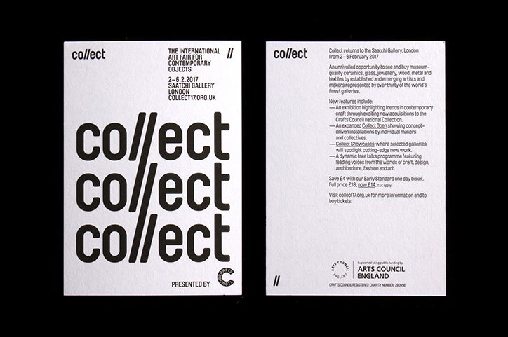 Two white cards for the “Collect” international art fair. The first card features the word “collect” repeated three times in a bold, black typeface. The second card contains event details and a logo for “Arts Council England”.