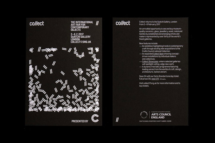 Two black promotional cards for the “Collect” art fair. One card features a white abstract pattern of scattered lines and the text “The International Art Fair for Contemporary Objects”. The second card contains a detailed event description and the Arts Council England logo.