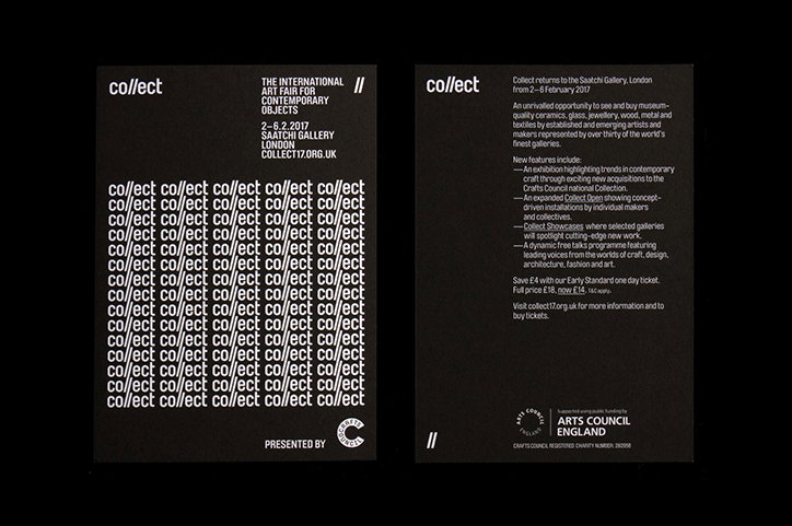 Two black promotional cards for the “Collect” art fair. One card features a grid of the word “collect” repeated in white, while the other contains detailed event information and the “Arts Council England” logo.