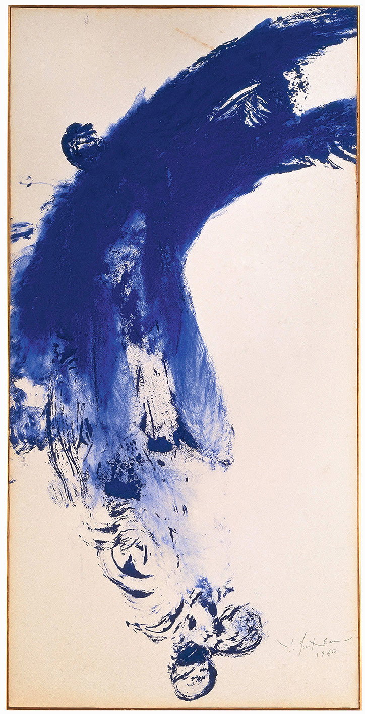 An abstract painting of a bold, sweeping stroke of deep blue paint on a cream background. The paint is thick and textured, tapering into loose, swirling marks at the bottom.