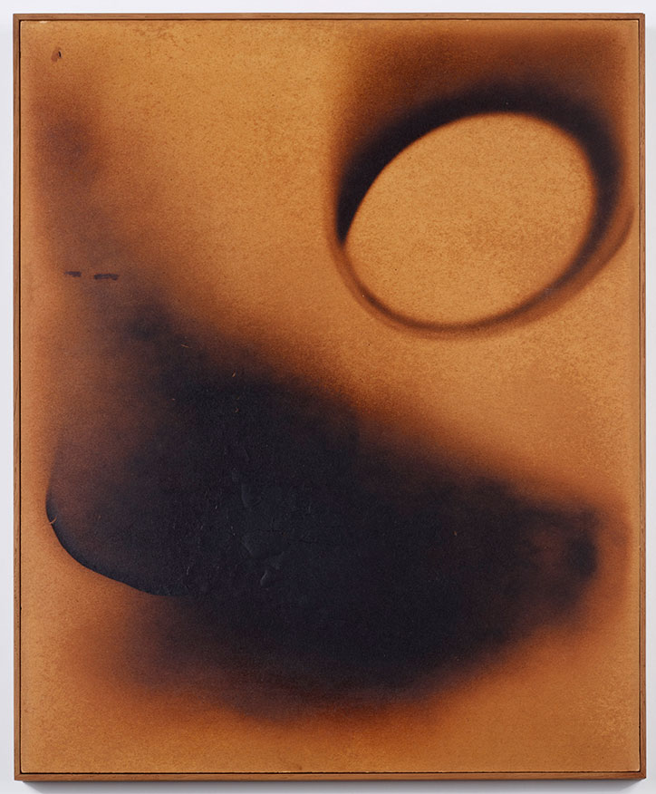 An abstract painting in shades of ochre and deep brown. A dark, blurred mass occupies the lower half, while a soft, circular ring floats in the upper right.