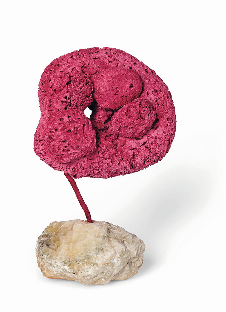 A sculpture of a textured, bright pink organic form balanced atop a pale, jagged rock. The pink shape is porous and rounded, connected to the base by a thin red stem.
