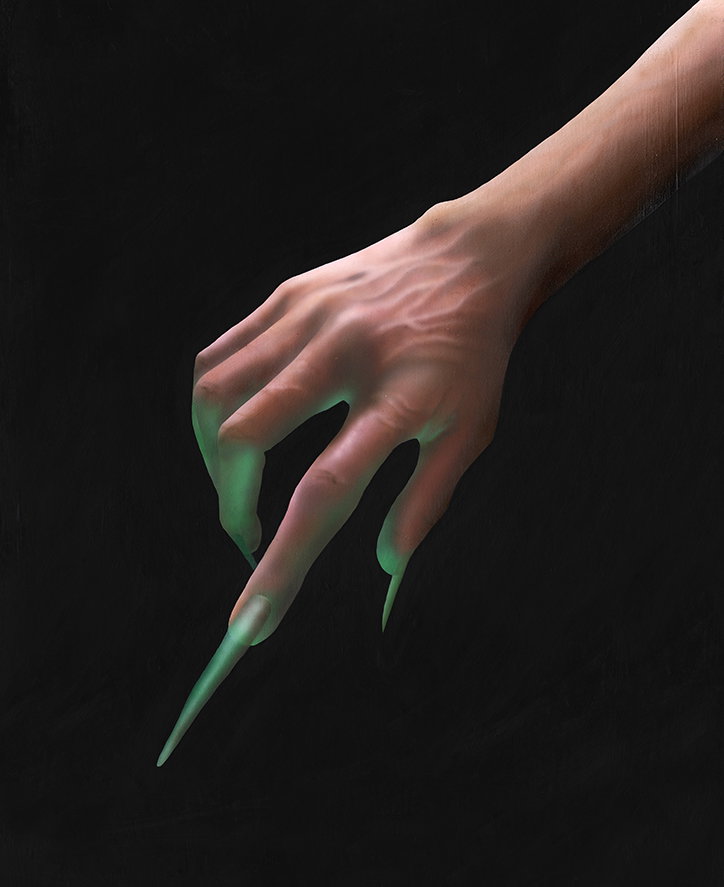 A digital painting of a hand reaching down against a black background. The fingers are elongated with extremely long, sharp nails that glow with a pale green light.