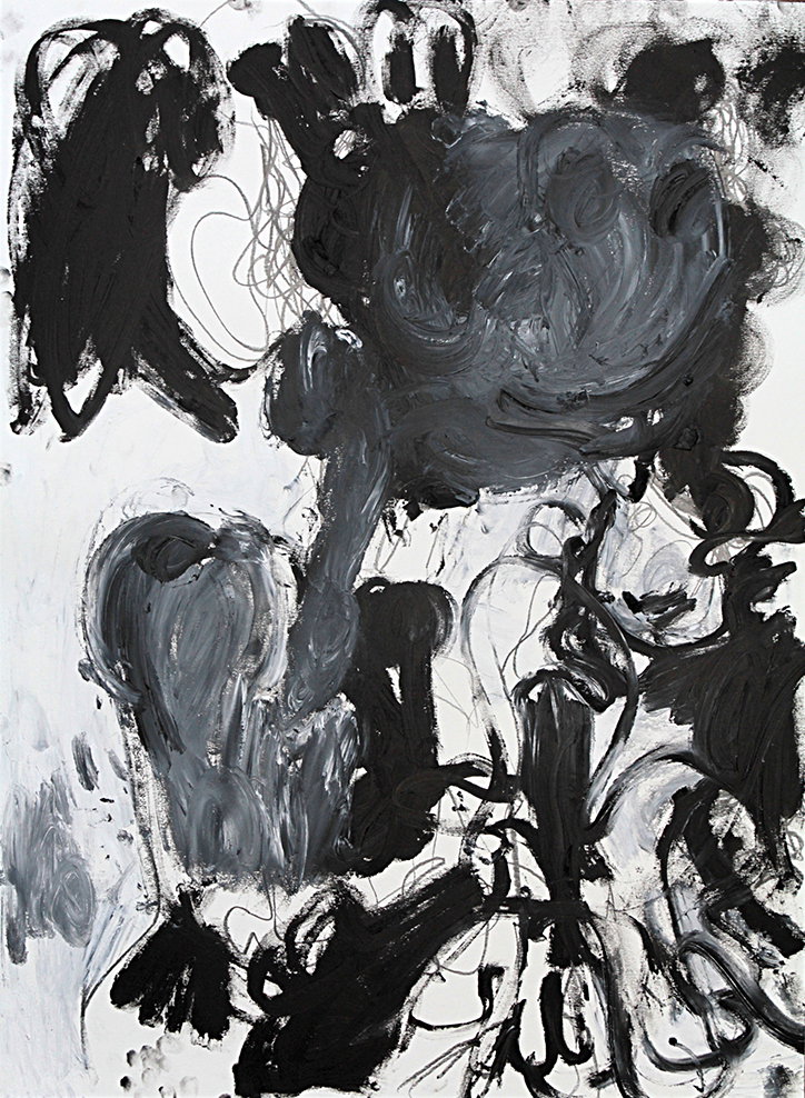 An abstract painting featuring bold, sweeping strokes of black and grey paint on a white background. The gestural marks create dense, swirling forms that overlap and coil across the canvas.