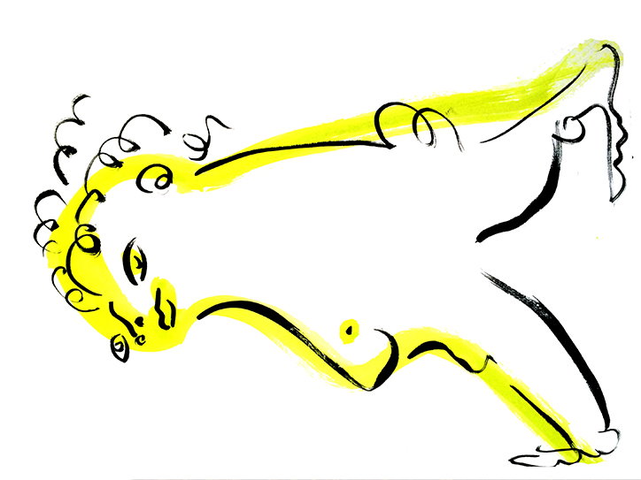 An illustration of a reclining figure rendered in fluid black lines and bright yellow washes. The figure is stretched across a white background in a loose, abstract style.