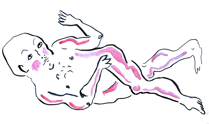 An illustration of a figure lying on their back against a plain white background. Pink and purple washes of colour are layered over their body, with a bright pink blush on their cheek.