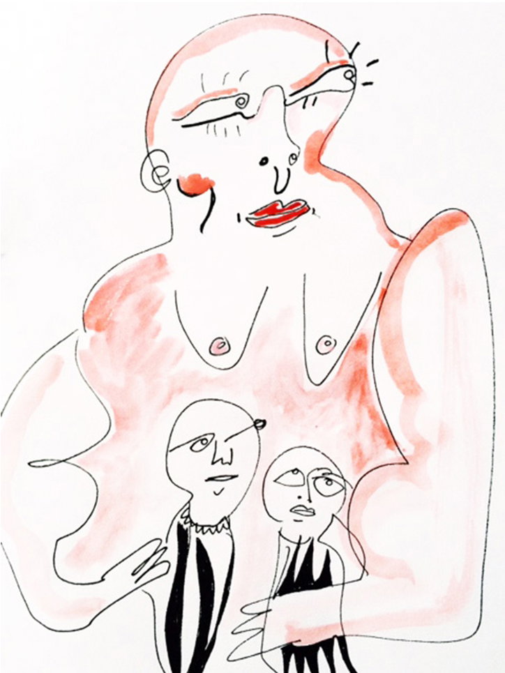 An illustration of a large, pale red figure with a distorted face and red lips. They hold two smaller, similarly styled figures close to their chest.