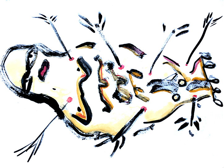 An abstract painting featuring fluid black, yellow and orange brushstrokes on a white background. Several thin black lines with feathered ends resemble arrows pointing towards the central forms.