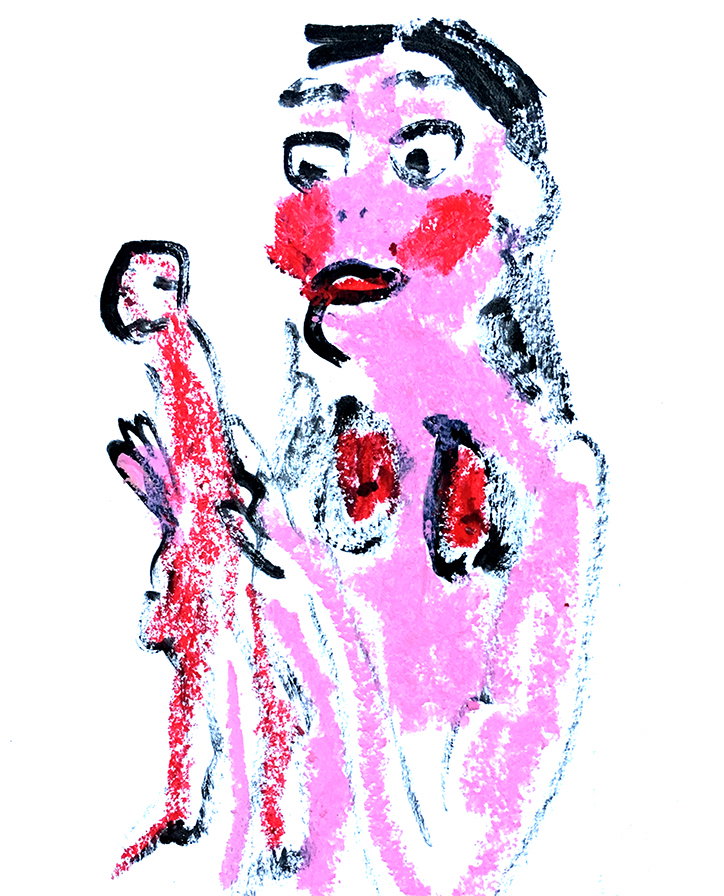An illustration of a pink figure with red cheeks and dark hair. They hold a smaller, red figure in their hand against a plain white background.