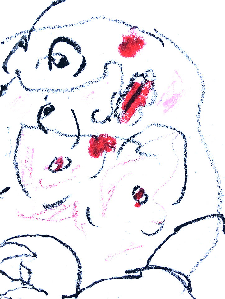 A loose, gestural drawing in black and red crayon on a white background. Abstracted figures and shapes are formed by scribbled lines and bold red smudges.