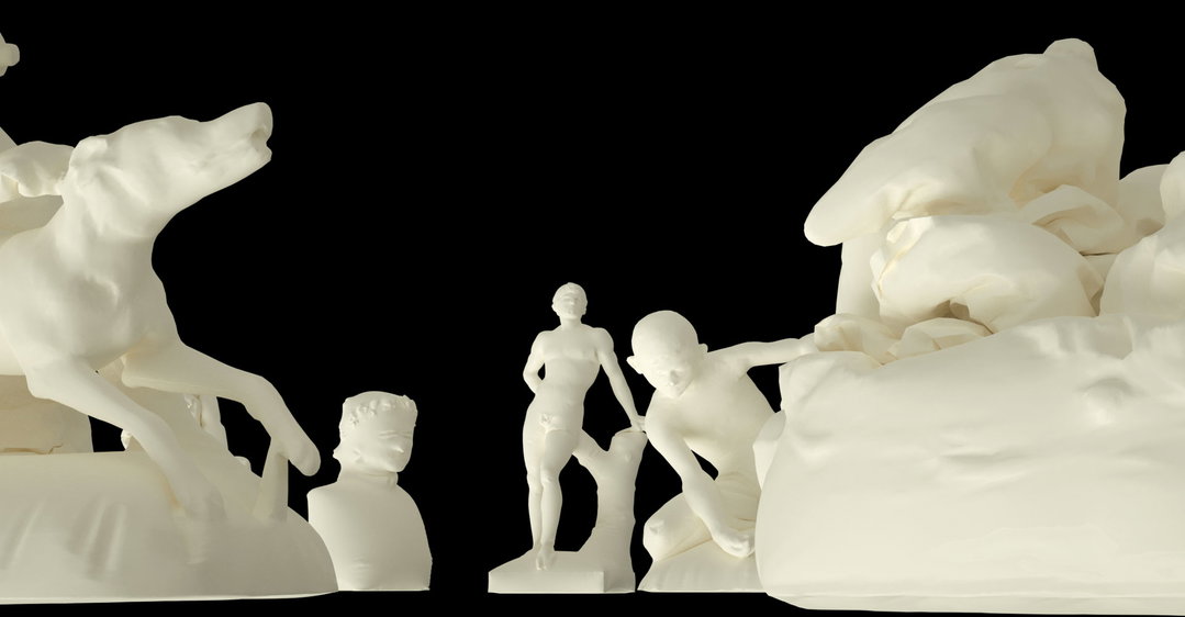 A 3D render of several white, sculptural figures set against a black background. The figures include a rearing horse, a standing person, and a crouching figure beside a large, abstract rock formation.