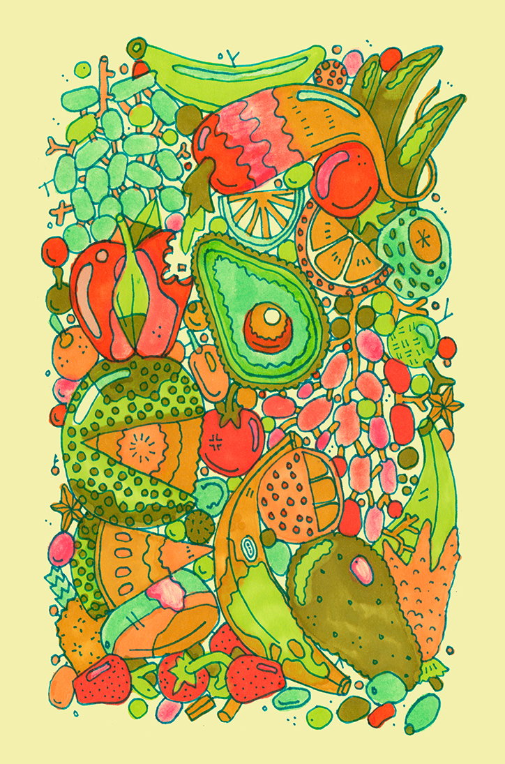 An illustration of a dense, colourful pile of stylised fruits and vegetables. The composition is a crowded mix of shapes including an avocado, a banana, and sliced citrus fruits.