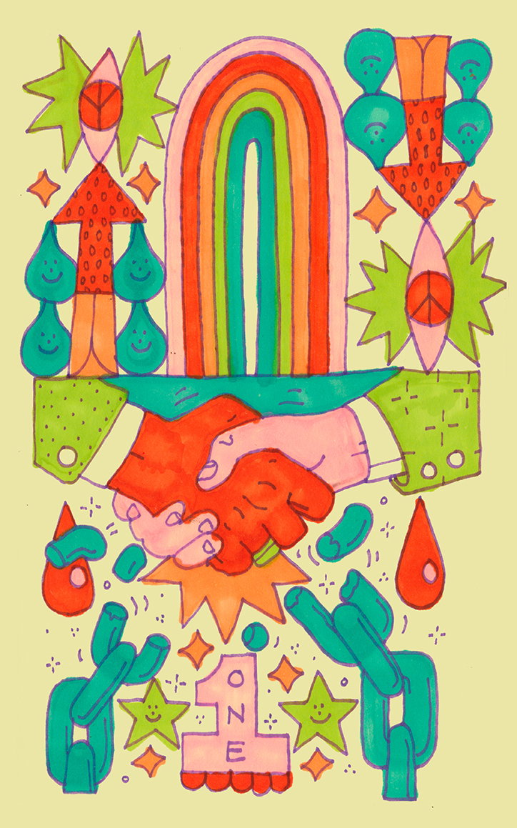 An illustration of two hands shaking in the centre of a colourful, psychedelic composition. Above them is a rainbow arch and abstract shapes, while below is a block reading “ONE” surrounded by green stars and interlocking forms.