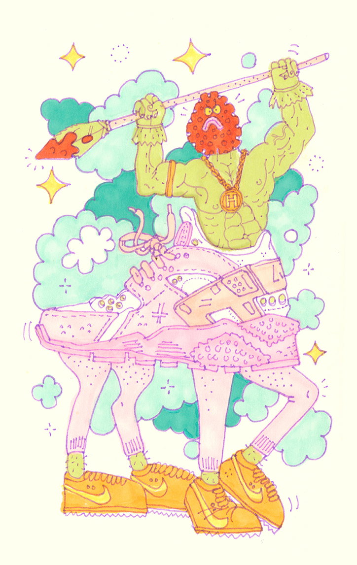 An illustration of a muscular green figure with a red, textured head holding a spear aloft. They wear a gold chain with an “H” pendant and a large, pink sneaker as a skirt.