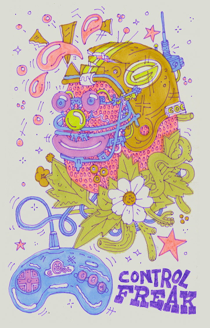 An illustration of a pink, wide-eyed character wearing a yellow football helmet. They are surrounded by floating pink shapes, green leaves, and a white daisy. A blue game controller sits at the bottom next to the purple text “CONTROL FREAK”.