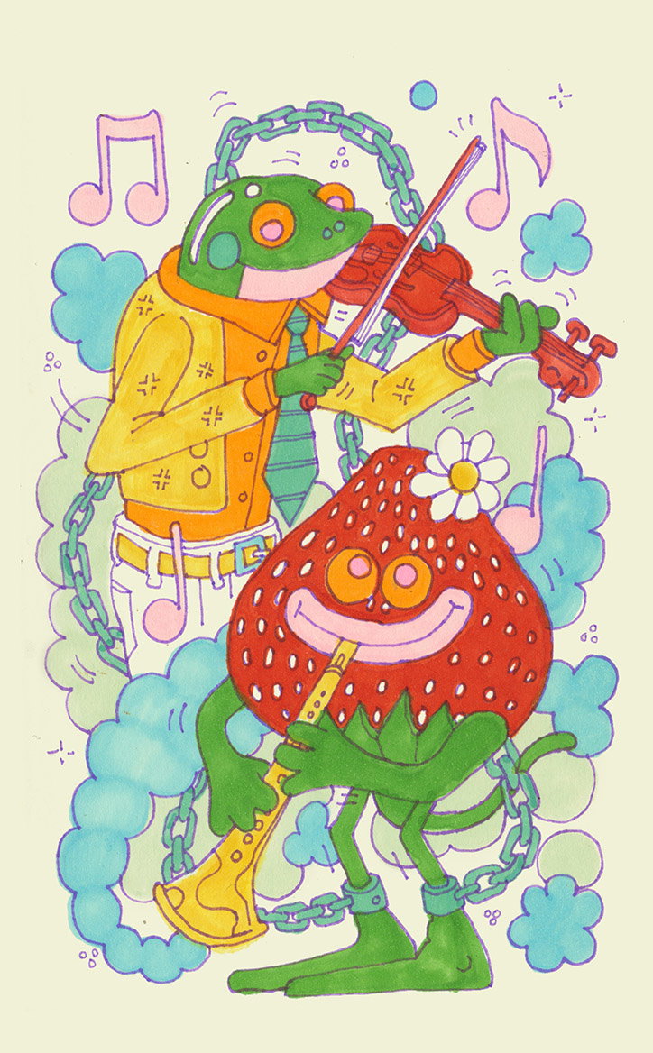 An illustration of a frog and a strawberry playing music together. The frog wears a yellow shirt and tie while playing a violin, and the strawberry plays a saxophone.