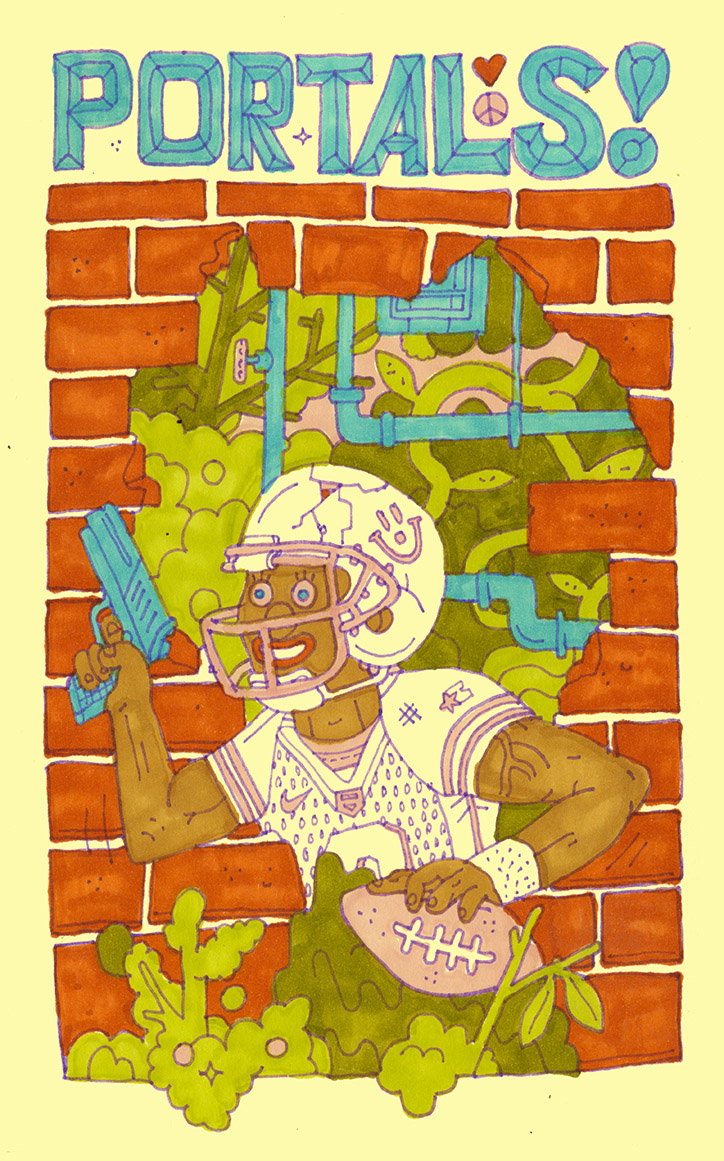 An illustration of a person in an American football kit and helmet, holding a futuristic blue gun and a football. They are emerging through a hole in a red brick wall into a green, pipe-filled landscape. Above them, bold blue lettering reads “PORTALS!”.