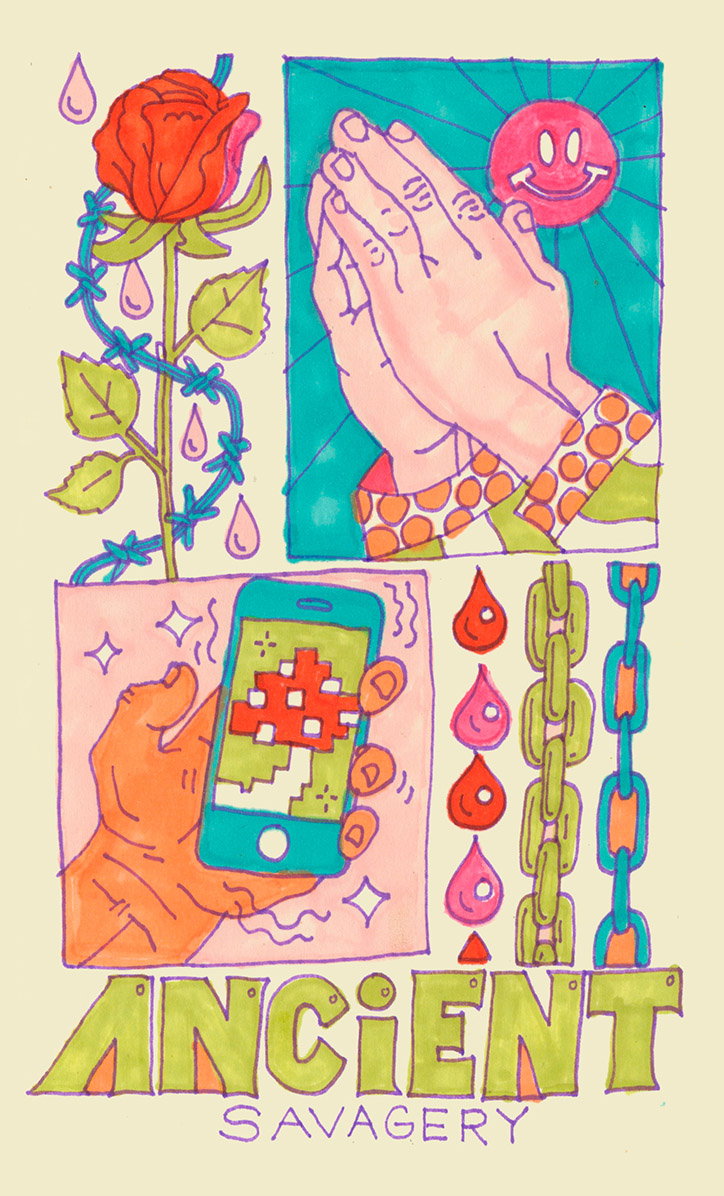 An illustration divided into panels. One shows a red rose entwined in barbed wire, another shows praying hands before a smiling sun, and a third shows a hand holding a smartphone. The words “ANCIENT SAVAGERY” are written in bold, green lettering across the bottom.