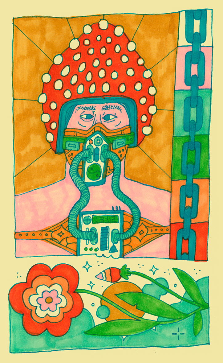 An illustration of a person wearing a red spotted helmet and a green mechanical mask. A thick tube connects the mask to a device on their chest, set against a yellow sunburst background. A heavy blue chain hangs to the right, and a large red flower with green leaves sits below.