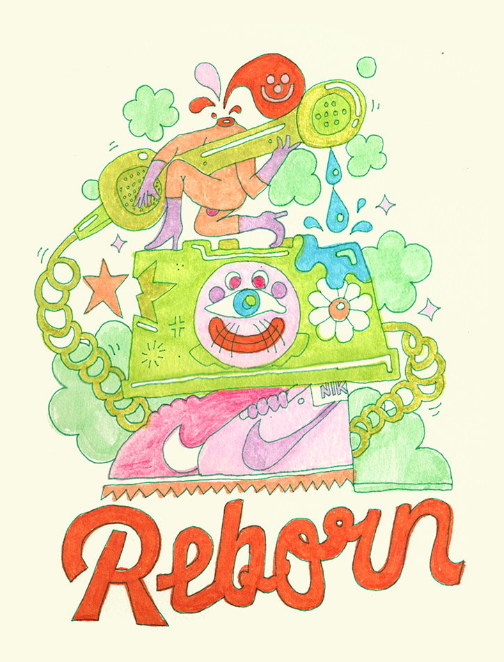 An illustration of a surreal, colourful character with a red circular head perched atop a green, boxy machine. The machine features a smiling face and a white flower, with a pink Nike sneaker emerging from the bottom. Bold red text at the base reads “Reborn”.