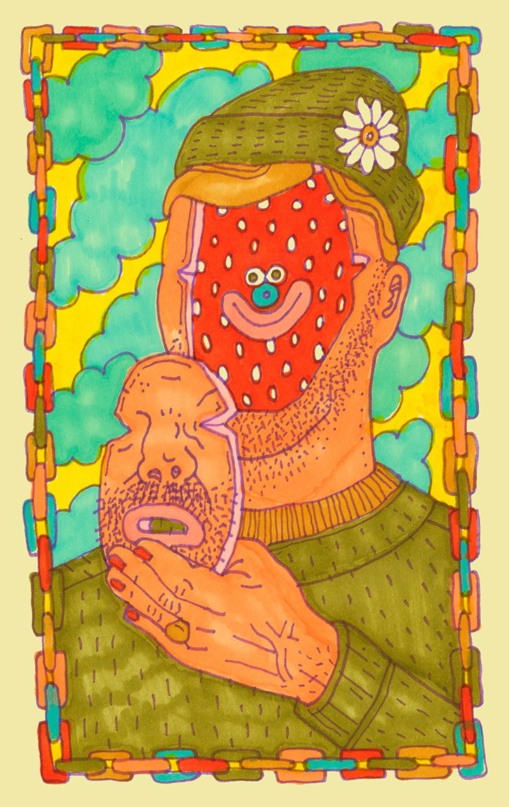 An illustration of a person wearing a green beanie and sweater, holding a mask of their own face. Their actual face is replaced by a red, polka-dotted surface with a small, smiling blue character in the centre.