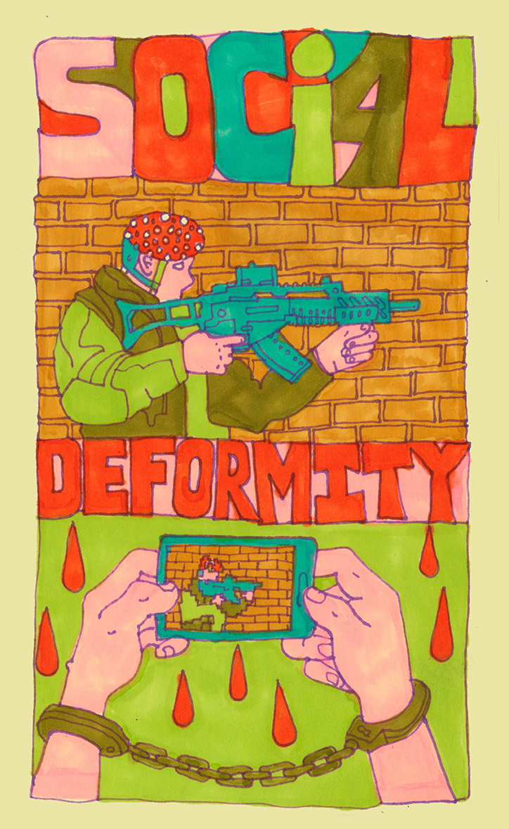An illustration featuring a person in a green jacket and a red-spotted helmet holding a blue rifle against a brick wall. Above them, bold colourful letters read “SOCIAL” and below them, red letters read “DEFORMITY”. At the bottom, a pair of handcuffed hands hold a tablet displaying the scene above. Red droplets fall across a green background.