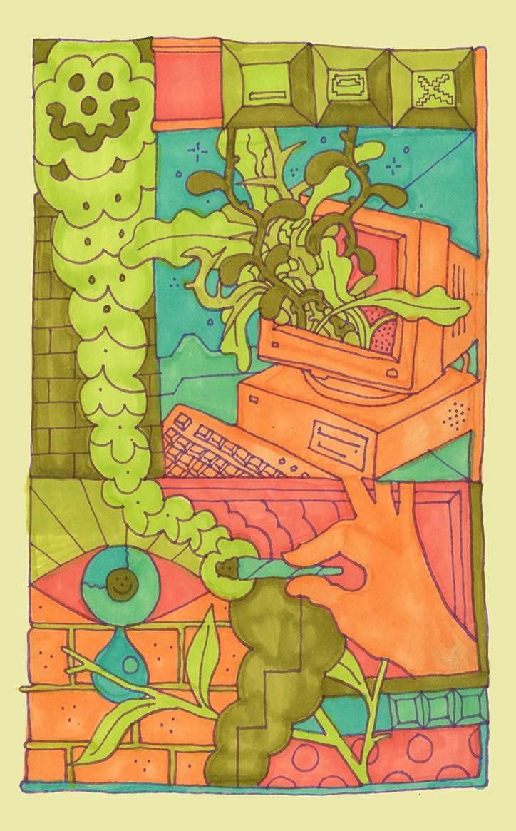 An illustration of a vintage computer with green plants growing out of the monitor. A hand holds a cigarette, releasing a thick trail of green smoke that curls upwards.