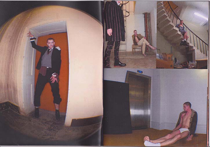 A series of photographs from a lookbook. On the left, a person in a structured grey and black outfit poses inside a curved, pod-like room. On the right, three smaller images show a person in various poses and states of dress within a minimalist interior.