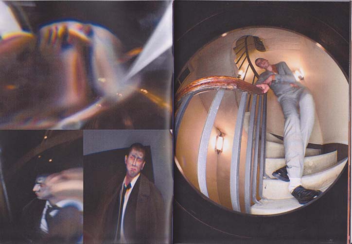 A collage of three photographs. On the right, a person in a grey tracksuit leans against the railing of a spiral staircase. To the left, two blurred, distorted images show a person in a dark suit.