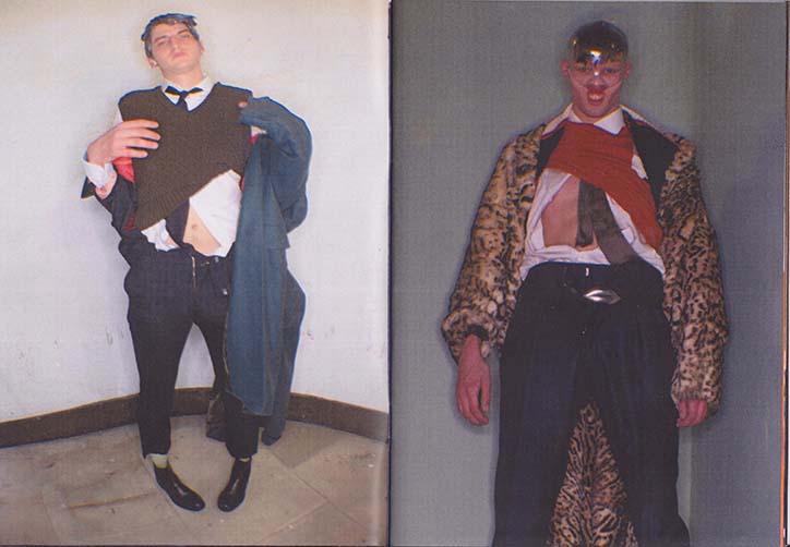 Two photographs of people wearing experimental outfits. On the left, a person wears a cropped brown knit vest over a white shirt and dark trousers. On the right, a person wears a leopard-print jacket and a red wrap across their chest.