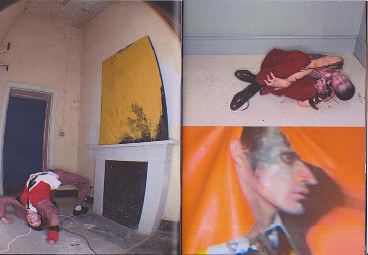 A diptych of photographs. On the left, a person in a red and white outfit arches their back on the floor of a sparse room, beside a fireplace and a large yellow painting. On the right, two images are stacked: a person lying curled on a floor, and a close-up profile of a person’s face against an orange background.