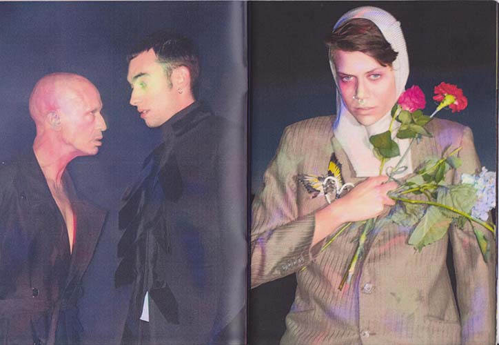 A diptych of two photographs. On the left, two people face each other in profile against a dark background. On the right, a person wearing a headscarf and a pinstriped blazer holds a bunch of red and white flowers.