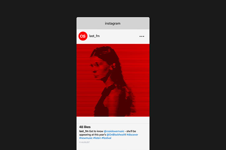 An Instagram post from the account “last_fm” features a distorted, red-toned image of a person. The figure is rendered in a glitchy, linear style against a bright red background. Below the image, the caption reads “Get to know @rosielowemusic - she’ll be appearing at this year’s @OnBlckheath!”.