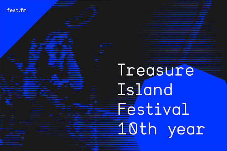 A blue and black graphic with a distorted, glitchy image of a person. Bold white text reads “Treasure Island Festival 10th year”, with “fest.fm” in the top left corner.