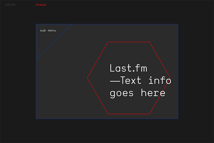 A digital interface on a dark grey background. A red hexagon contains the text “Last.fm —Text info goes here”, with “sub menu” written in the top left corner.