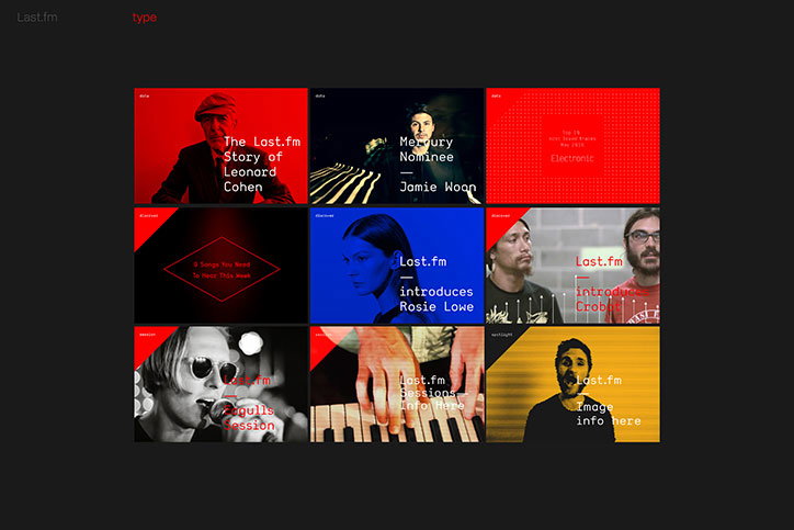 A grid of nine graphic tiles for Last.fm, using a bold red, blue, and yellow colour palette. Each tile features a portrait of a musician paired with clean, white typography.