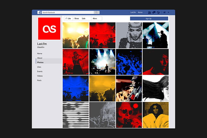A screenshot of a Last.fm Facebook page. A grid of high-contrast, stylised concert photographs in red, blue, yellow and grey fills the main feed.