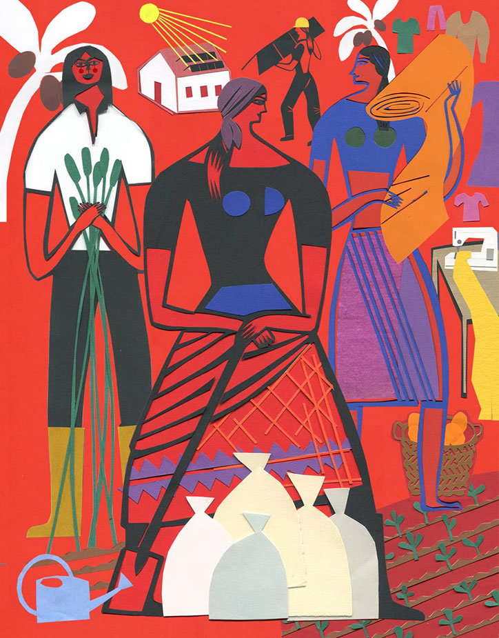 A colourful collage featuring three figures against a bright red background. One person holds a bundle of green stalks, while another carries a roll of orange fabric and a third stands centrally with white vessels at their feet.