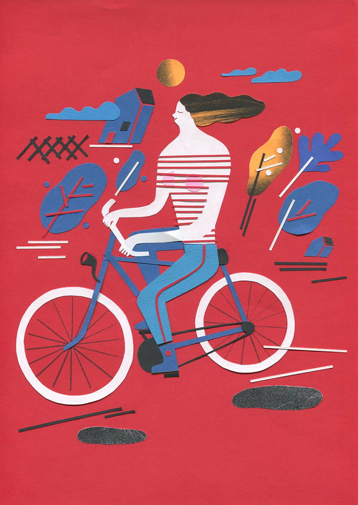 A paper collage of a person riding a blue bicycle across a bright red background. They wear a striped top and blue trousers, surrounded by abstract blue and yellow shapes.