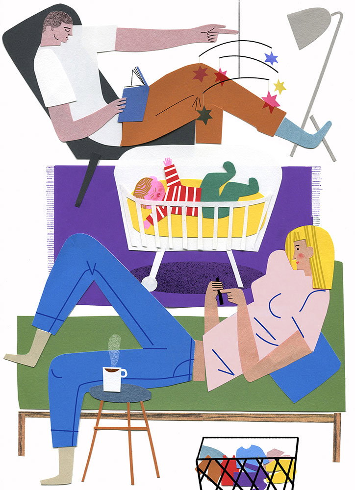 A collage of a domestic scene showing two people and a baby. A person reclines in a chair reading a book, while another person lies on a green sofa looking at a phone. Between them, a baby in a red and white striped outfit lies in a white cot.