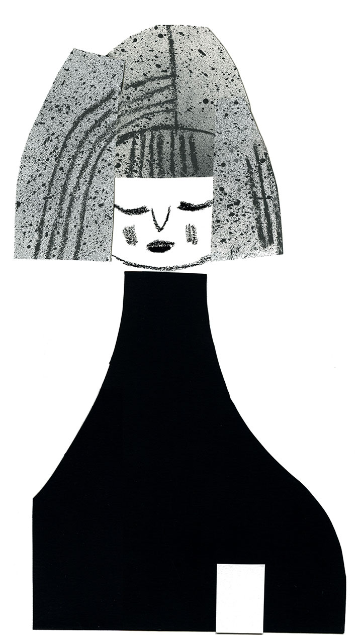 A collage of a person wearing a high-necked black garment. Their face is a small white square with minimal features, topped by a textured grey shape representing hair.