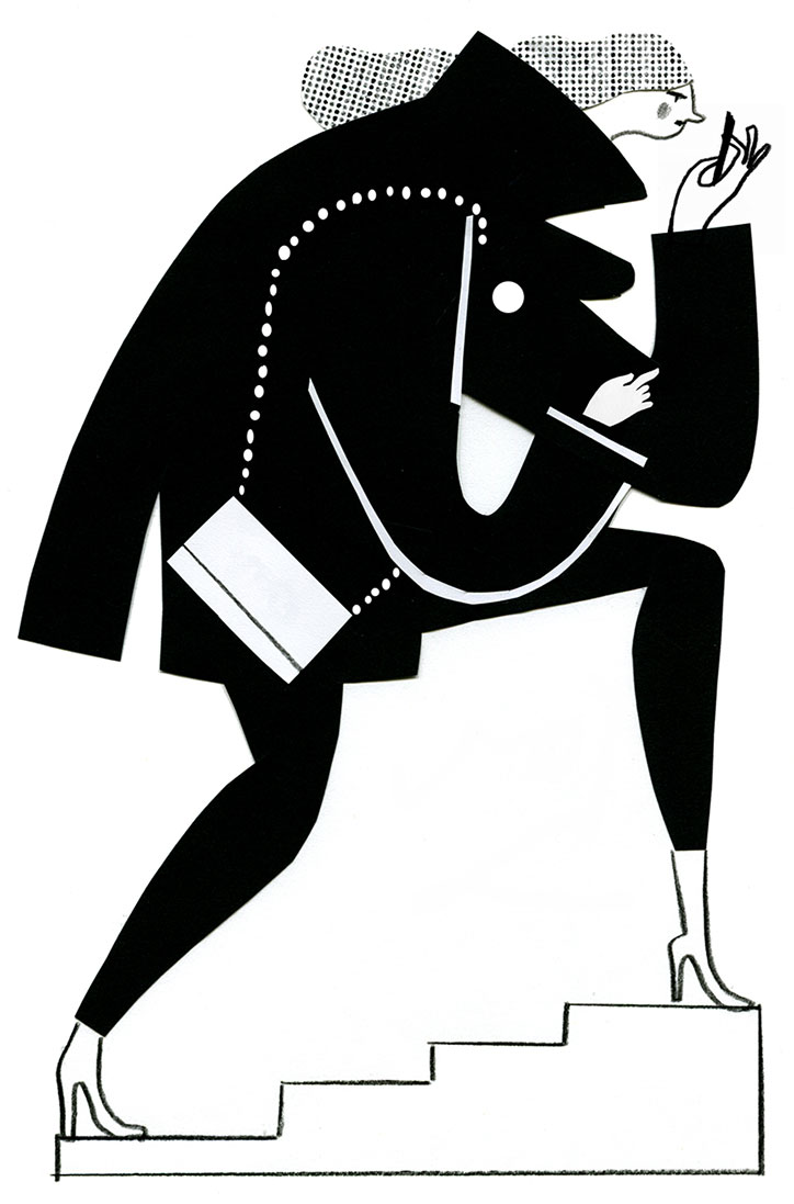 A black and white illustration of a stylised figure in a sharp, oversized black coat and high heels. They are captured in mid-stride, stepping up a set of minimalist stairs.