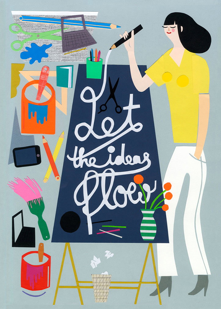 An illustration of a person in a yellow shirt and white trousers standing at a drafting table. They use a pen to write “Let the ideas flow” in white cursive across a dark blue surface. The scene is surrounded by art supplies, including paint pots, scissors, and a paintbrush.