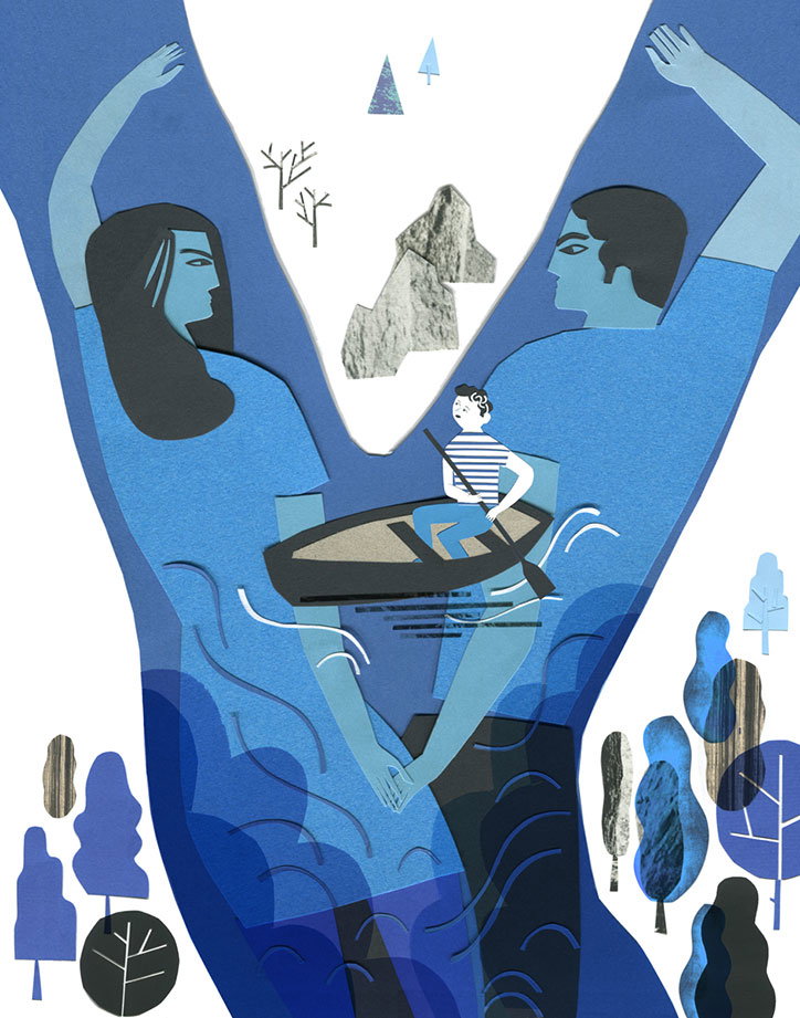 A collage of two blue figures facing each other with their arms raised, creating a frame around a central scene. Inside, a person in a striped shirt rows a small boat across a body of water towards a rocky mountain.