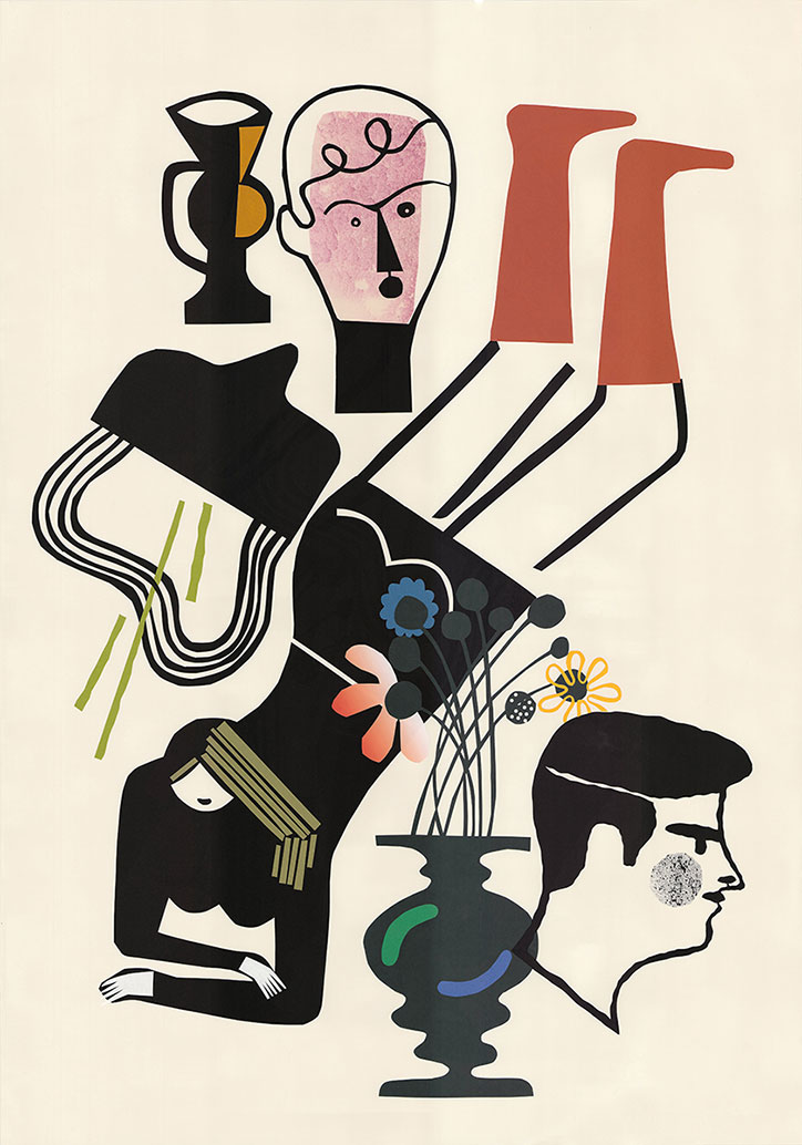 An illustration of fragmented figures and objects arranged in a surreal composition. A person’s head and legs float at the top, while another figure curls at the bottom beside a vase of flowers.