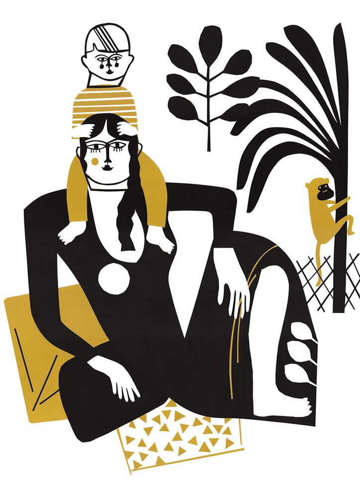 An illustration of a person in a black dress sitting in a black chair. A child sits on their shoulders, and a small yellow monkey clings to a palm tree to the right.