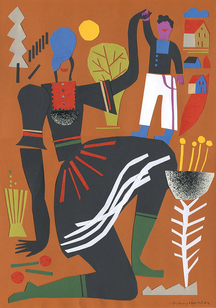 A paper collage of a large, dark figure in a crouching pose against a terracotta background. They hold the hand of a smaller figure wearing white trousers and a blue jacket.
