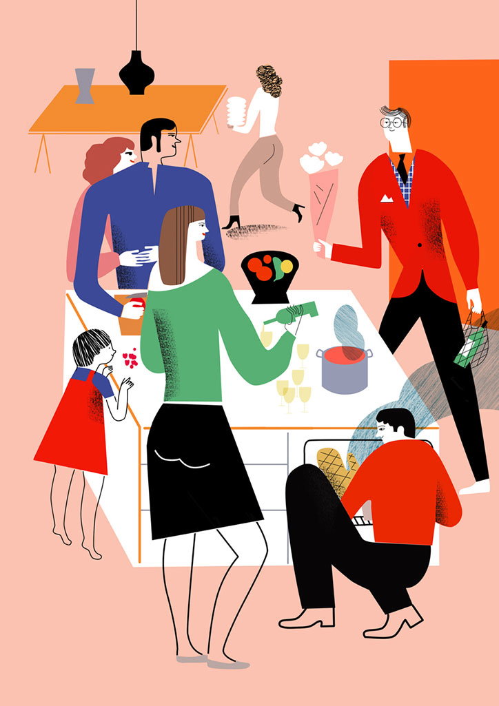 An illustration of a group of people gathering in a kitchen. A person in a red jacket holds a bouquet of flowers, while another pours a drink from a green bottle.
